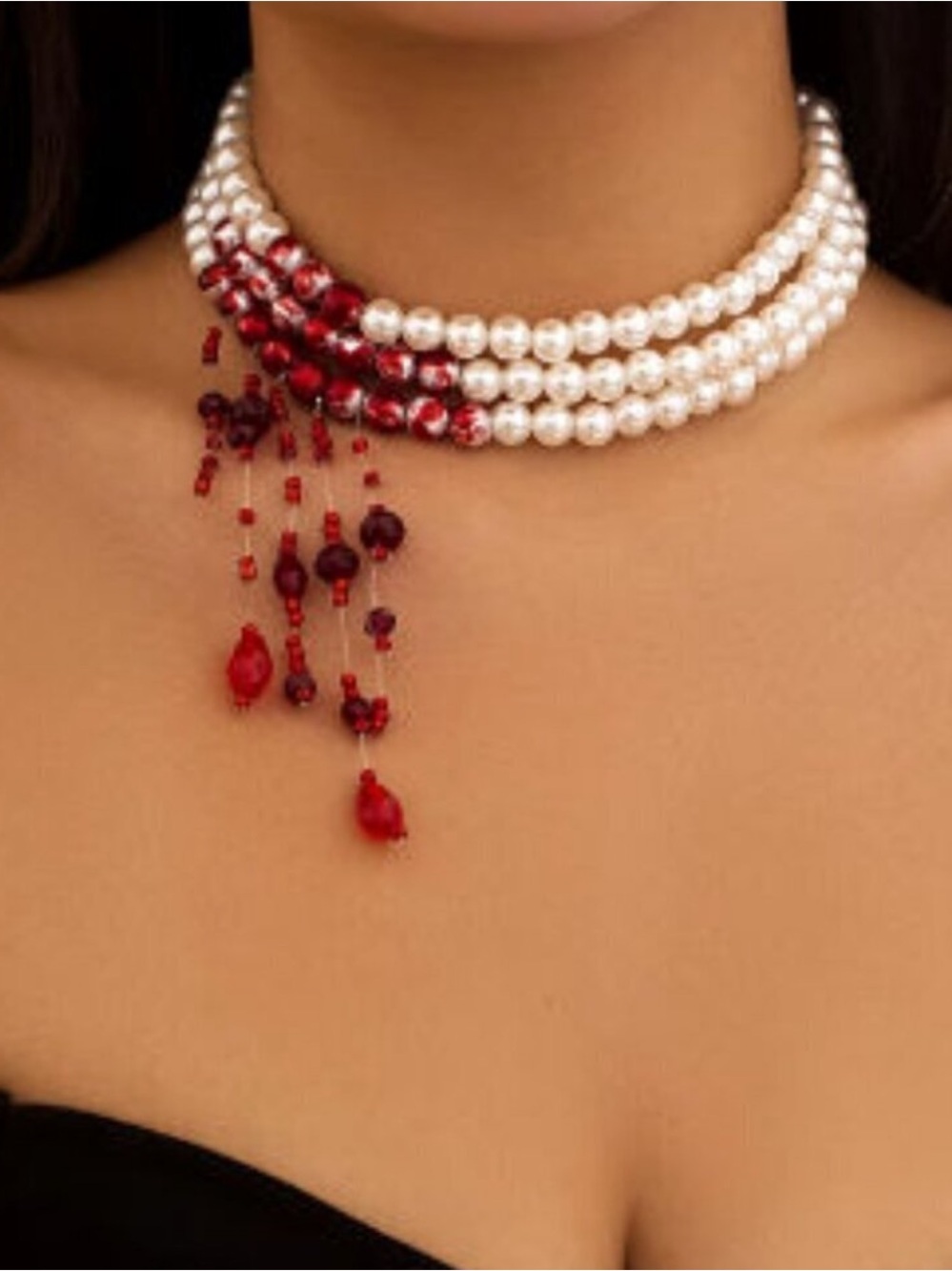 “Vampire Bite”  Blood Droplets Pearl Collar Dripping Red Crystal Choker